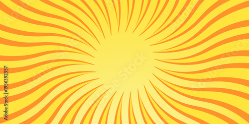 Sun rays background. Orange yellow radiate sun beam burst effect. Sunbeam light flash boom. Starburst poster. Sunlight star, sunrise glow burst. Solar radiance glare, retro design Vector illustration