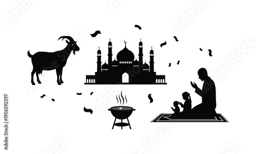 Eid mubarak vector silhouette illustration with goat and mosque for sacrifice festival art