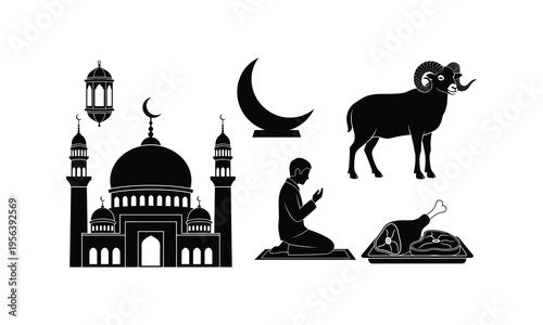 Islamic prayer and ram vector illustration with mosque crescent moon and festive lantern