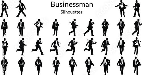 businessman, silhouettes, running, walking, professional, office, corporate, commuter, briefcase, urban, lifestyle, isolated, black, figures, action, movement, work, career, dynamic, set