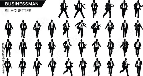 businessman, silhouettes, running, walking, professional, office, corporate, commuter, briefcase, urban, lifestyle, isolated, black, figures, action, movement, work, career, dynamic, collection
