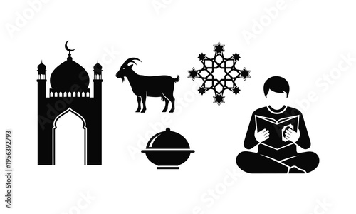 Religious education vector silhouette with boy reading quran and eid sacrificial elements