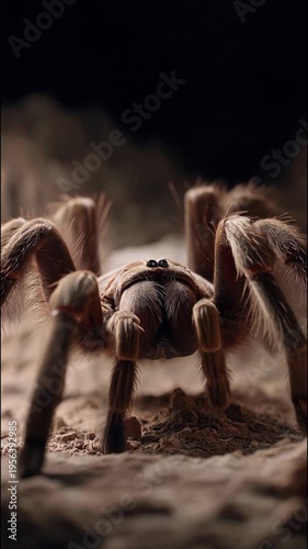 Intriguing Close-Up of a Hairy Tarantula Resting on Dusty Desert Sand in Dim Light