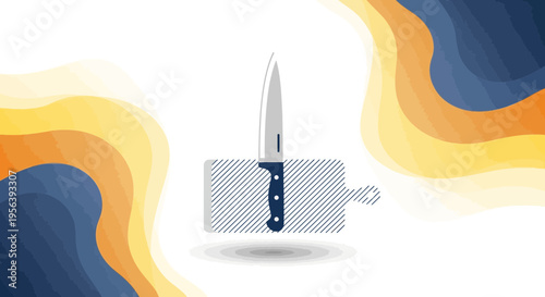 Contemporary cutting board with sharp kitchen knife and modern layered abstract background