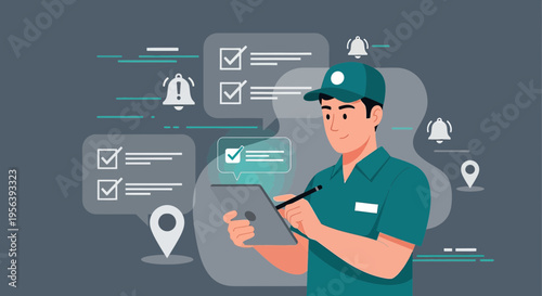Courier digital management illustration showcasing tracking and operational efficiency of parcel