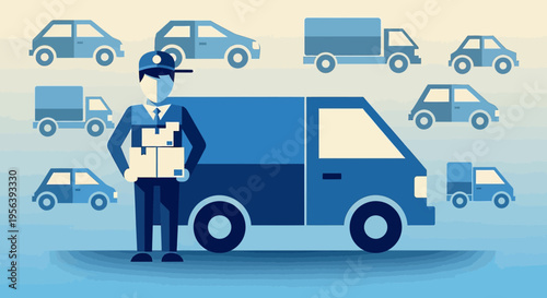 Courier with package surrounded by delivery vehicles flat vector illustration