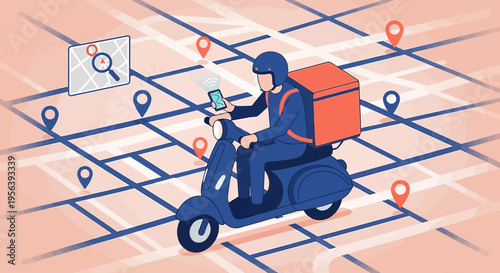 Courier navigating city map using mobile app for efficient delivery on scooter