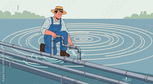 Craft Illustration of a farmer in overall repairing water pipes in a circular field