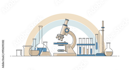 Conceptual science lab illustration with glassware and equipment setup line art design