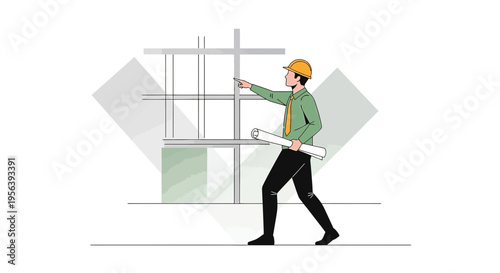 Conceptual visualization of an architect supervising building construction project with blueprint