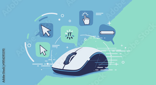 Conceptual tech illustration featuring a computer mouse and interface elements indicating
