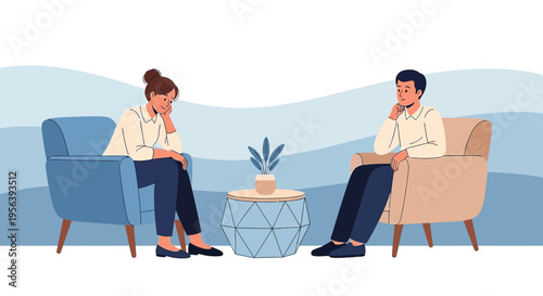 Contemplative couple in armchairs, minimalist style depicting introspection and dialogue