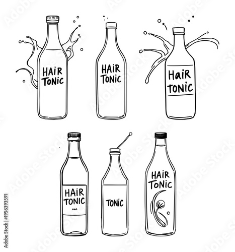 Hair tonic bottle set with black line art design on white background featuring hair tonic, bottle, splash with illustration and vector
