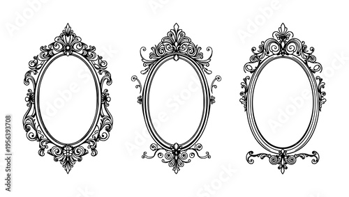 Vanity mirror set with ornate Victorian line art featuring floral scrollwork, elegant frame, black ink illustration with vintage details and antique style