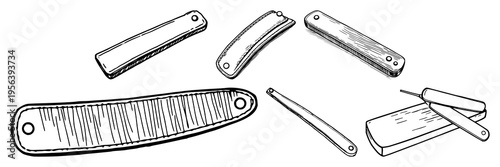 Razor strop set with clean black line art design featuring shaving tools, grooming accessories, barber shop equipment with leather texture and white background