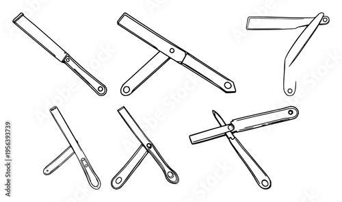 Razors set with black line art of an open straight razor on a white background featuring men's grooming, barber tools, shaving with detail and precision