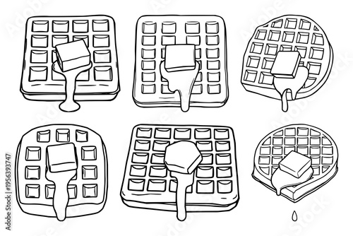 Belgian waffle set with flat 2D illustration on white background featuring Belgian waffle, butter cube, breakfast with flat 2D illustration and simple lines