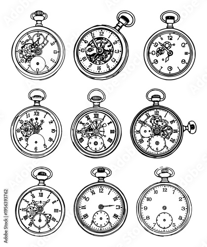 Pocket watches set with fine line drawing of a vintage pocket watch movement featuring horology, black ink, minimalist detail with illustration and vector