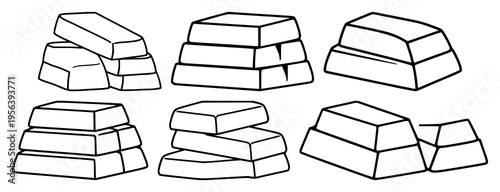 Gold bullion bars set with flat vector icon of a stack of gold bullion bars featuring wealth, investment, minimalist, 2D and gold