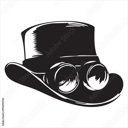 Steampunk top hat silhouette vector – Victorian gentleman cylinder hat with aviator goggles, retro industrial cosplay accessory icon