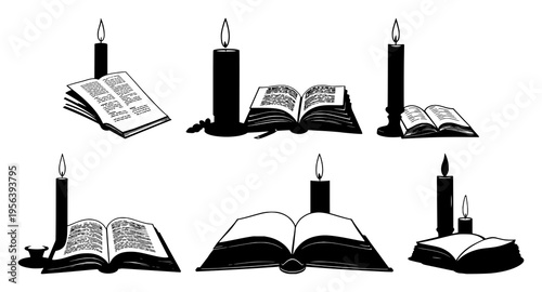 Candle and book set with high contrast black silhouette of a lit candle next to an open book on white background featuring study, wisdom, illumination with black and white and minimalist