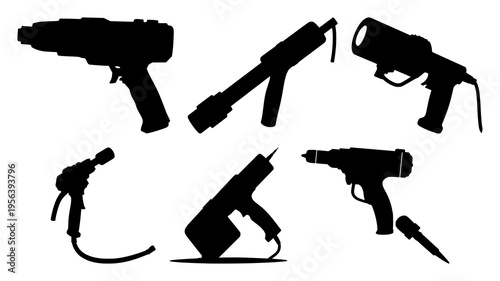 Laser rust-cleaning tool set with solid black silhouette on white background featuring industrial restoration technology, sharp technical profile with black and silver details and high contrast