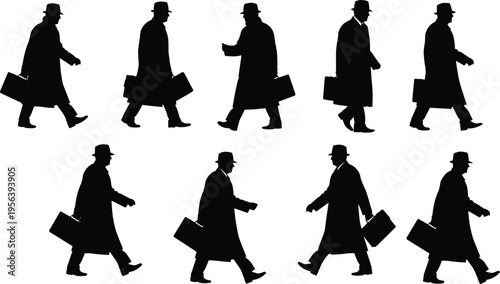 businessman, silhouettes, walking, briefcase, professional, office, corporate, commuter, urban, lifestyle, isolated, black, figure, classic, retro, coat, hat, movement, people, collection