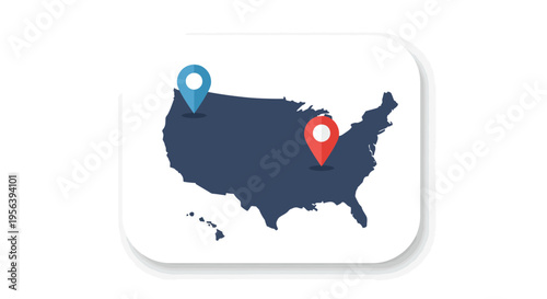 Map of the United States with two location pins indicating two different places on the map, one pin is blue and the other is red
