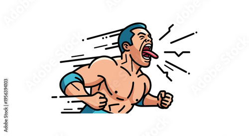 Illustration of an excited, muscular man with his mouth open in a yell, showing his tongue, with lines emanating from his head indicating movement and energy