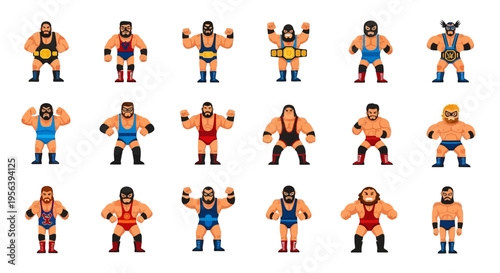 A vibrant collection of retro pixel art wrestling characters, showcasing various muscular male athletes in colorful gear and dynamic poses, ready for the digital ring and combat