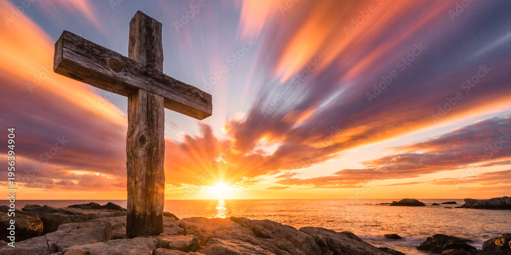 Naklejka premium Wooden Cross at Sunset. Crucifixion of Jesus Christ.
