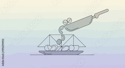 Culinary composition with minimalist style, featuring a pan, dish and geometric shapes that