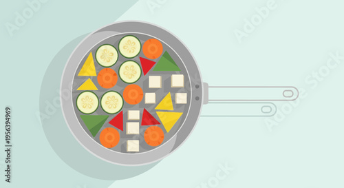 Culinary harmony, artistic arrangement of vibrant vegetables in a skillet, simple shapes and