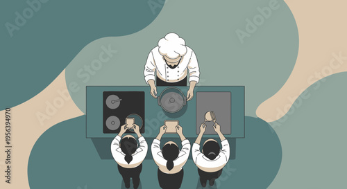 Culinary instruction and teamwork demonstrated by a chef overseeing student cooking practice