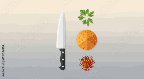 Culinary ingredients arrangement with knife, spices, parsley, and a flatbread for gourmet
