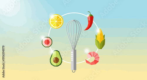 Culinary preparation concept showcasing fresh ingredients around a whisk emblem emblem