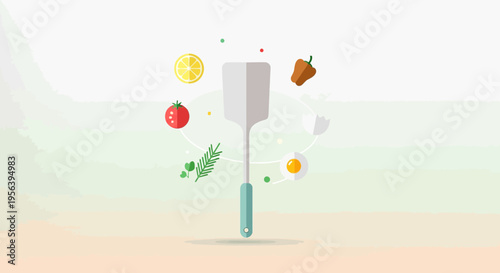Culinary harmony: A kitchen spatula surrounded by fresh ingredients in flat design
