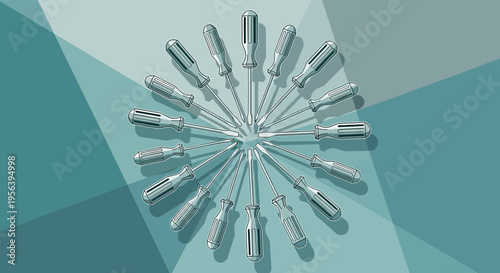Creative artistic arrangement of multiple identical screwdrivers radiating from the center in a