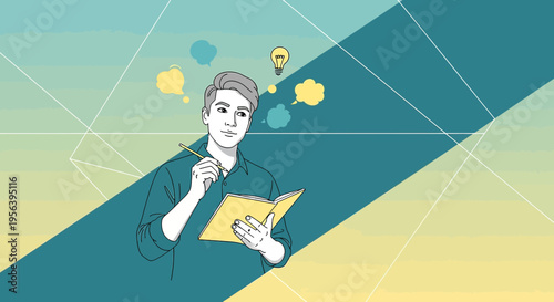 Creative man with notebook generating ideas on abstract geometric backdrop