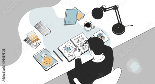 Creative process illustration: Artist sketching design ideas with workspace essentials