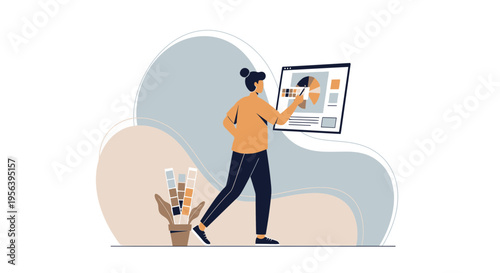 Creative process woman designer exploring palettes and web development visuals for branding project