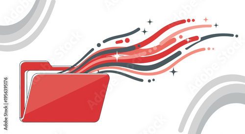 Creative red folder bursts open with dynamic streams of data lines and sparkling dots