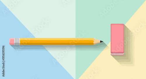 Creative workspace illustration featuring a pencil and eraser set against a geometric pastel