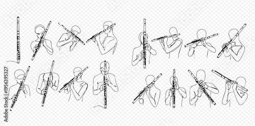 Set of black and white line art illustrations depicting a person playing a flute from various angles and positions, showcasing different postures and instrument handling.