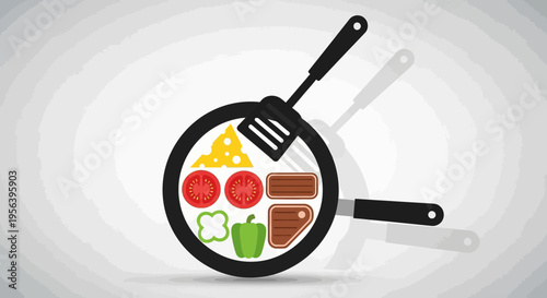 Delicious food ingredients preparation in frying pan cartoon illustration design
