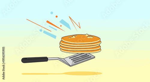 Delicious pancake stack illustration with spatula on abstract background cartoon style minimal