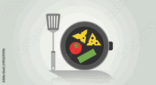Delightful cartoon illustration showcasing culinary preparation with spatula and pan  full of