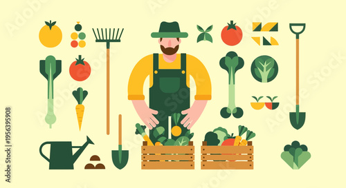 Delightful visual of a man surrounded by gardening tools and an array of fresh vegetables