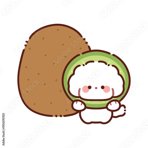 Cute Kawaii dog with giant kiwi fruit Vector illustration