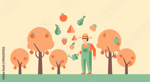 Delightful vector orchard illustration featuring a flat design gardener watering the trees